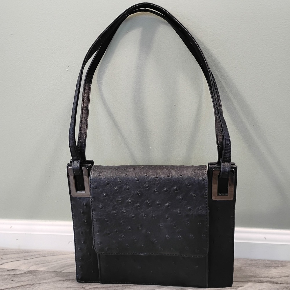 Vintage Comeco Ostrich Embossed Handbag Black Structured Shoulder Bag